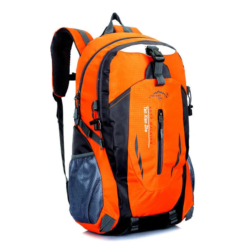Large red Oxford cloth travel backpack with double straps, showing front compartment and buckle closure.