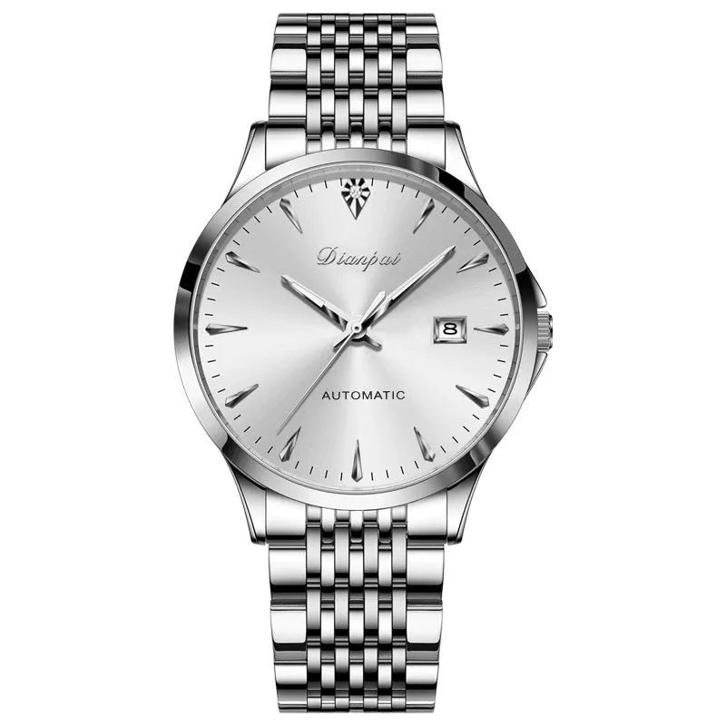 Men's stainless steel automatic watch with simple dial and mineral glass