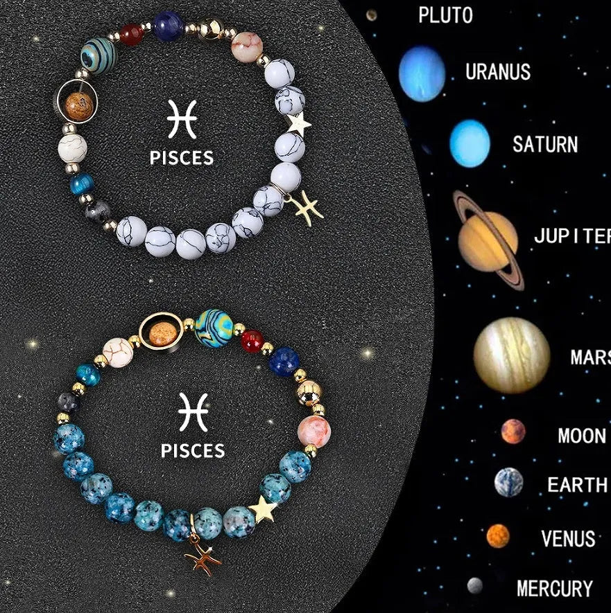 Two natural stone beaded bracelets with adjustable cords on a surface, representing a zodiac sign jewellery set.