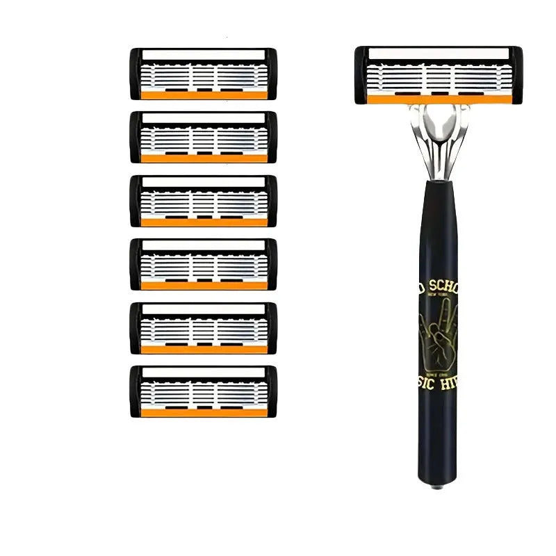Black manual shaver handle with six-layer finger grip design and multiple blade configurations
