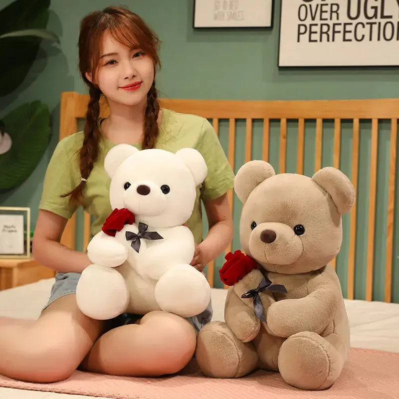 Rose pattern teddy bear plush doll in beige, brown or grey colours with soft fabric texture