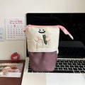 Brown collapsible Korean style pencil case made from Oxford fabric, shown open and closed