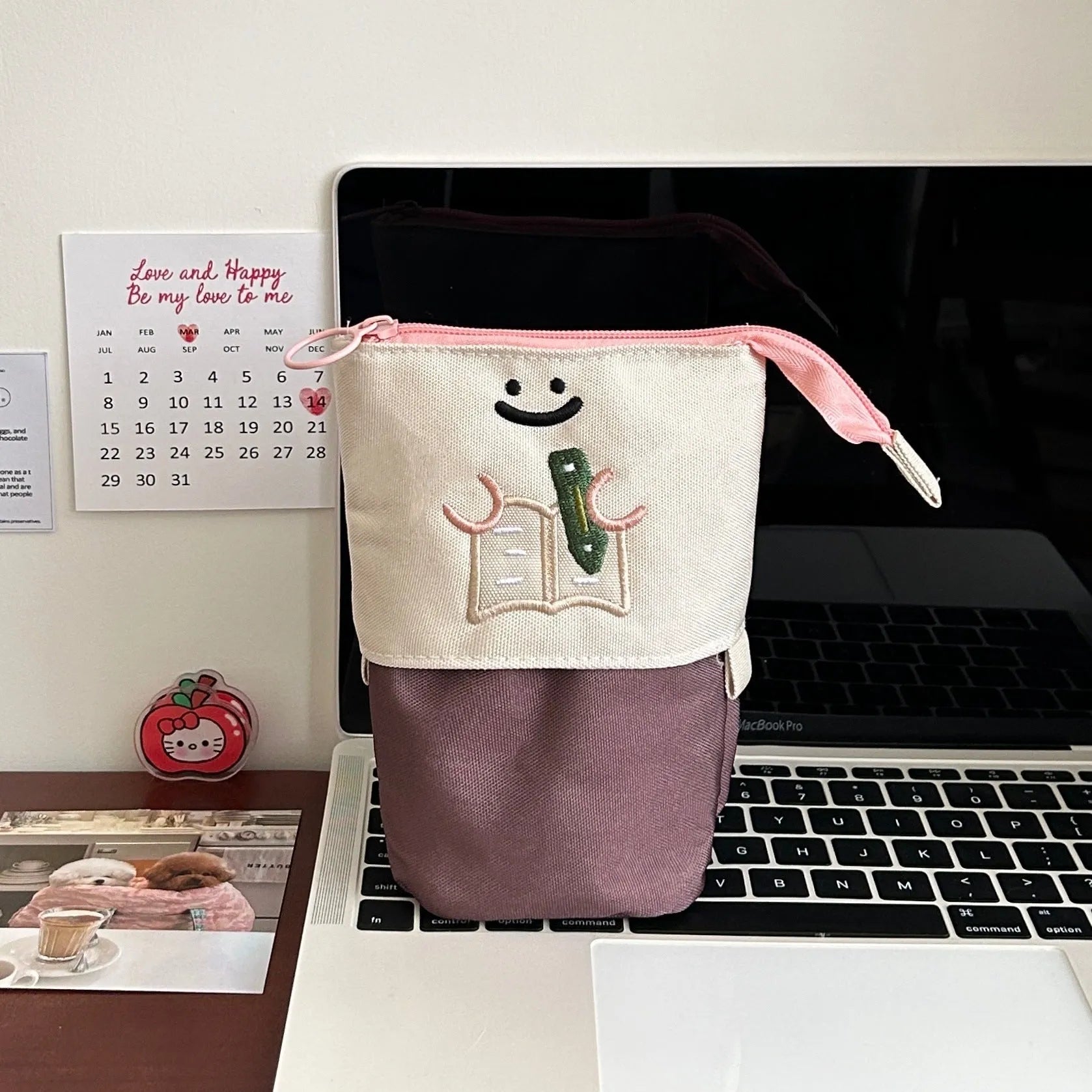 Brown collapsible Korean style pencil case made from Oxford fabric, shown open and closed