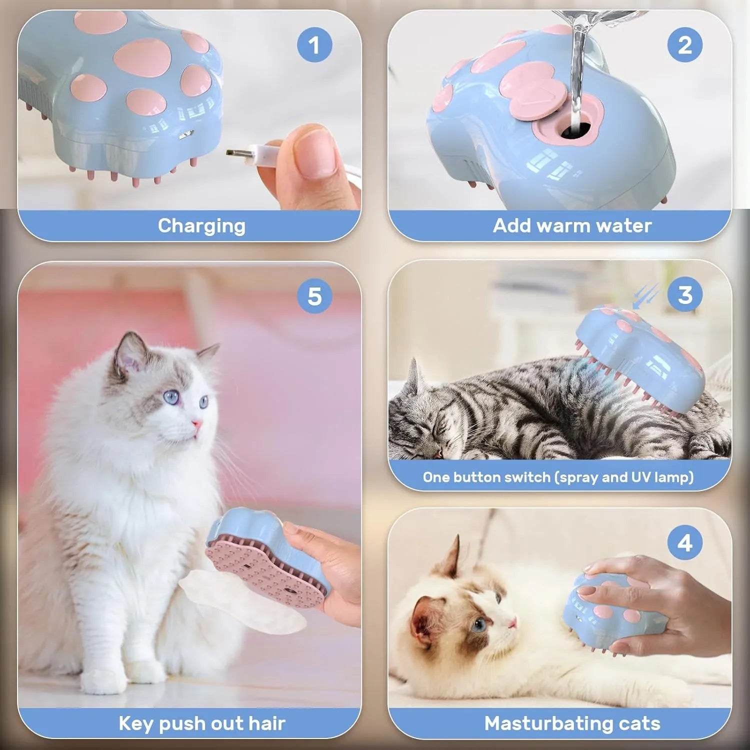Blue self-cleaning cat steam brush with silicone head and water spray function.