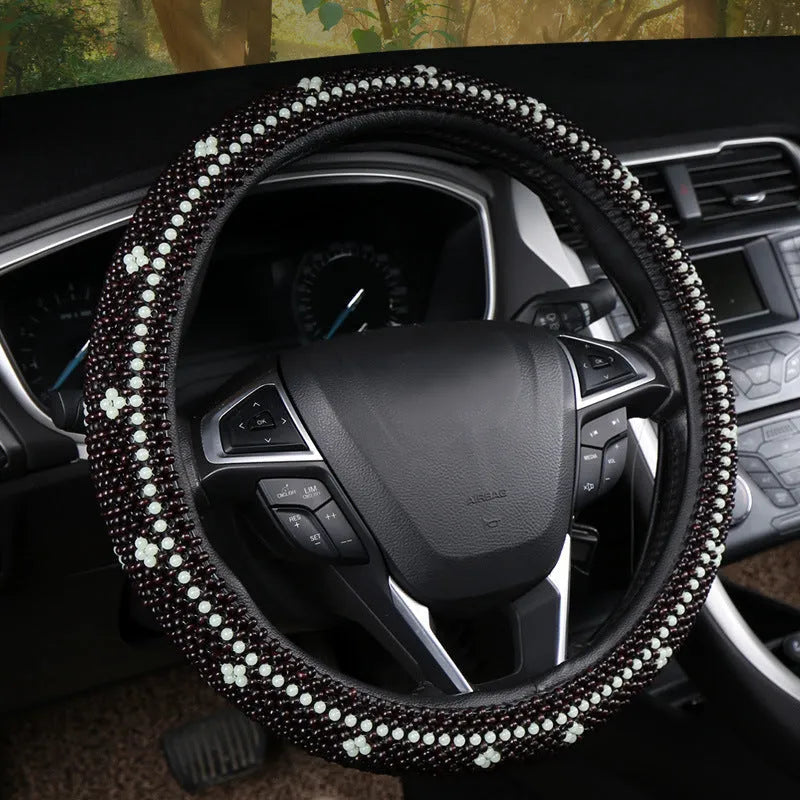 Small card light wooden bead steering wheel cover for 38cm wheels in black colour option