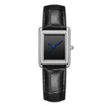 Couple leather watch with square dial, 7mm thickness, waterproof, in gold and black colour option on a white background