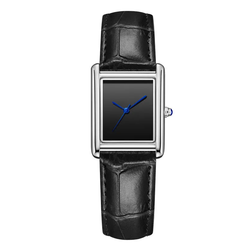 Couple leather watch with square dial, 7mm thickness, waterproof, in gold and black colour option on a white background