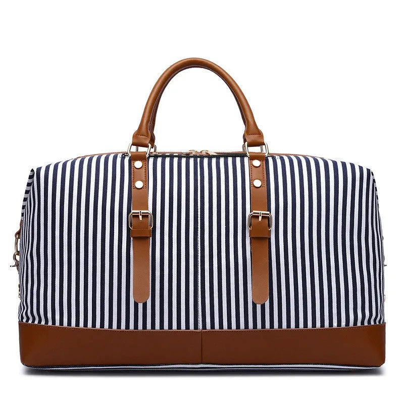 Canvas striped messenger travel bag in blue stripes, large 36-55L capacity, with shoulder strap and pull rod attachment