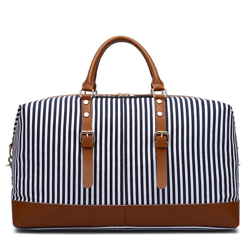 Canvas striped messenger travel bag in blue stripes, large 36-55L capacity, with shoulder strap and pull rod attachment