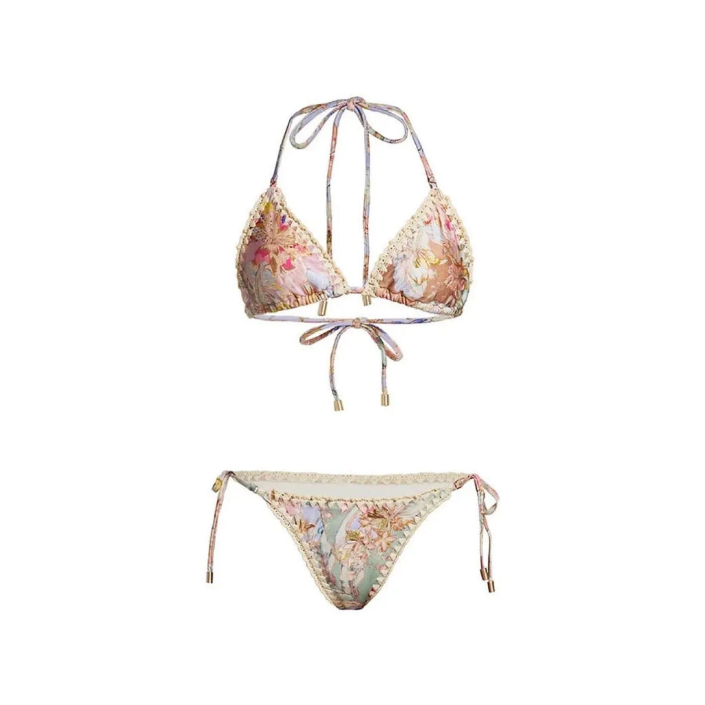 Women's creamy white floral print bikini set with detachable skirt for swimming