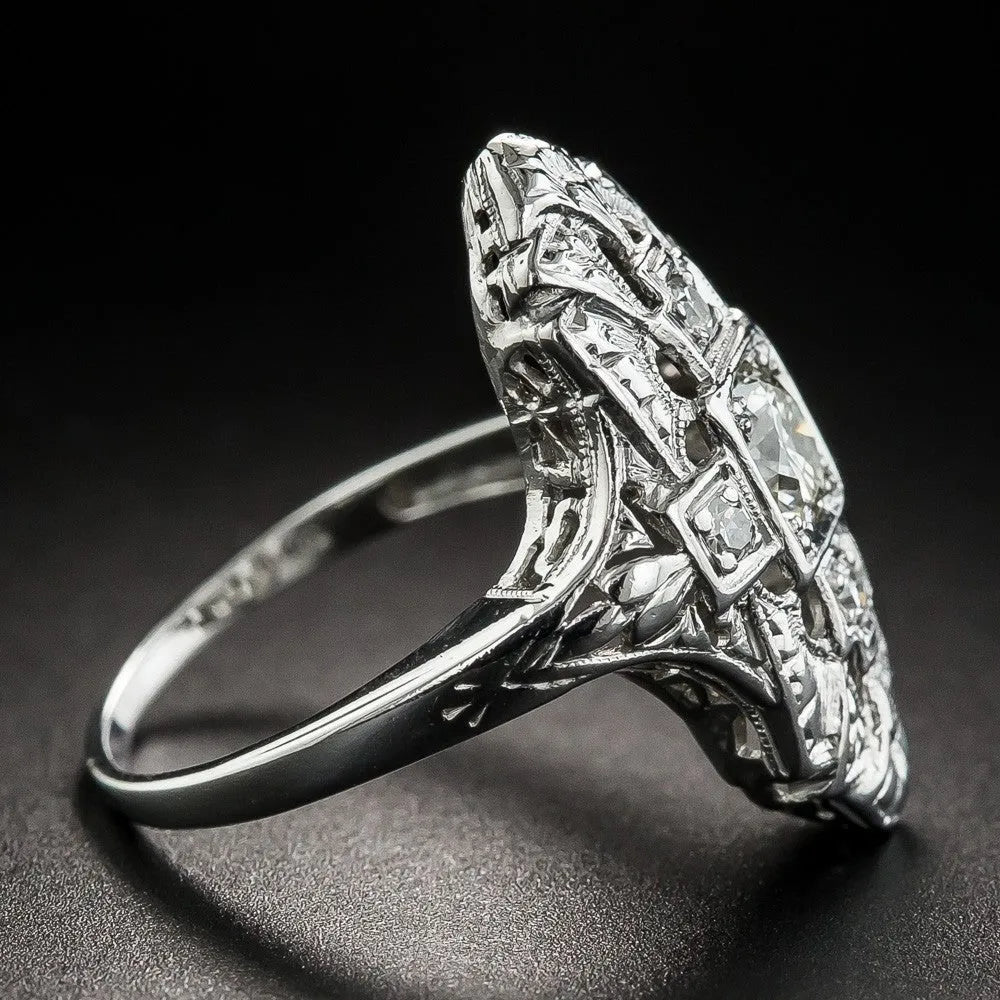 Hollow out geometric silver colour ring with diamond studs on a copper base