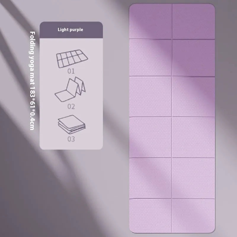 Folding purple TPE exercise mat showing six-fold design and non-slip surface texture