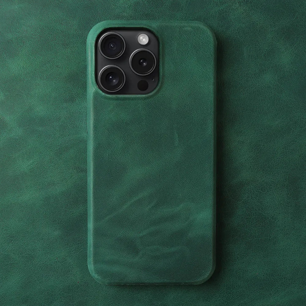 Genuine leather Crazy Horse pattern phone case for iPhone showing textured brown finish and precise camera cutout
