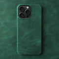 Genuine leather Crazy Horse pattern phone case for iPhone showing textured brown finish and precise camera cutout