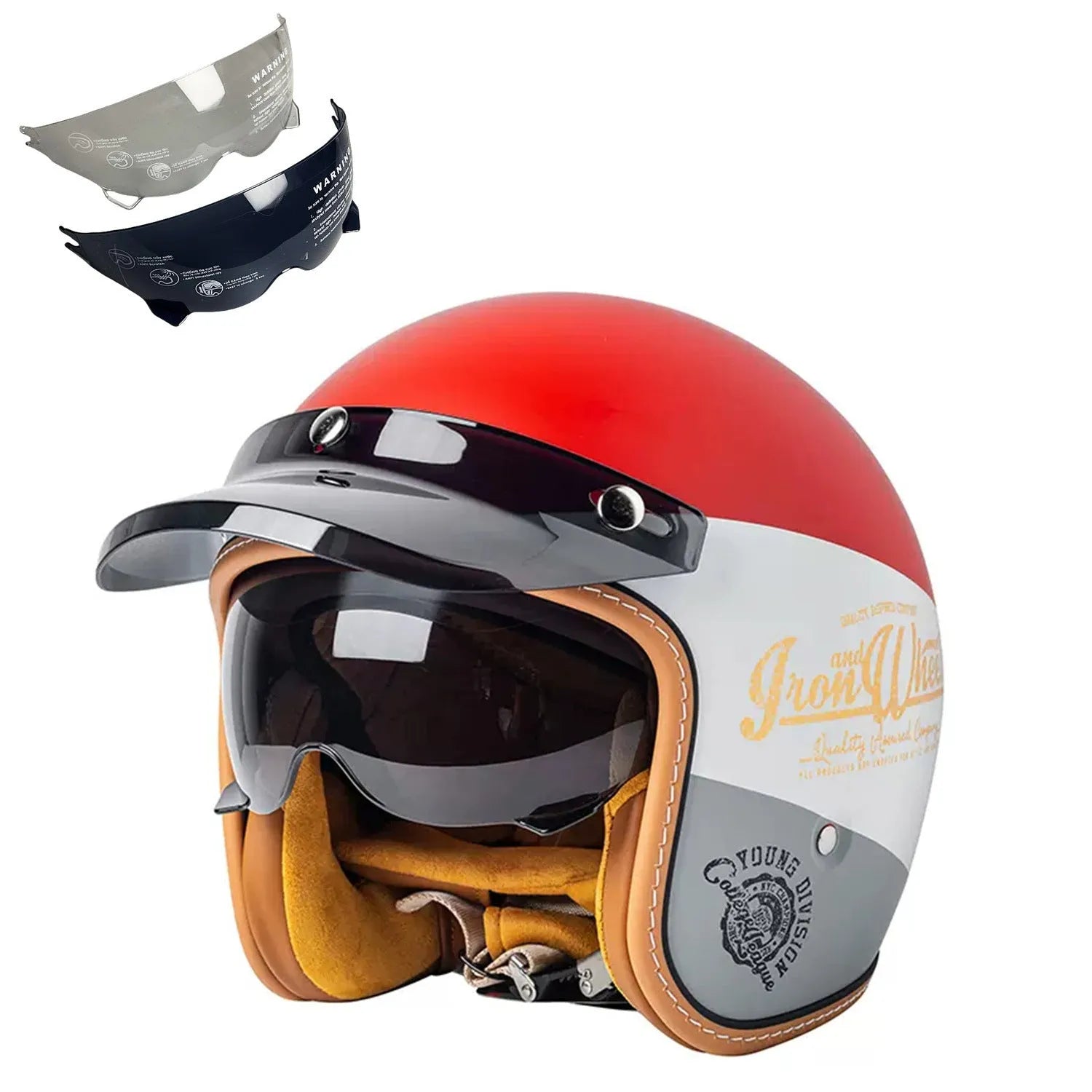Retro style half helmet for motorcycle riding shown in multiple colour options on a grey background