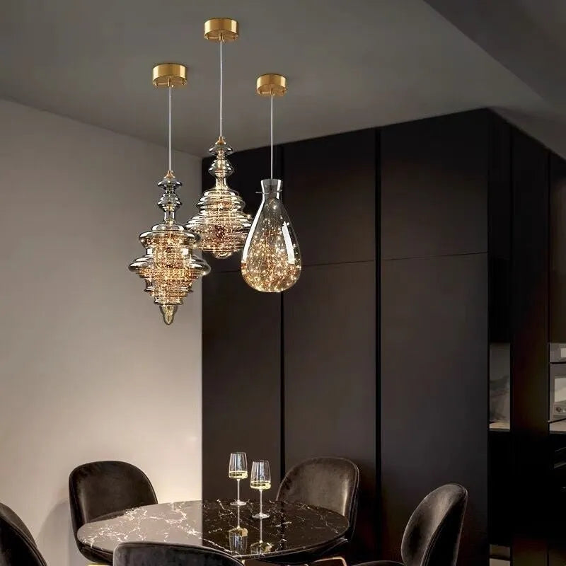 Modern simple style glass chandelier ceiling lamp with adjustable cord and remote control.