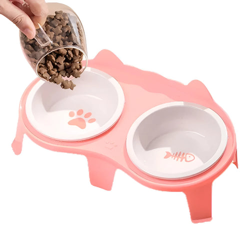 Ceramic cat food and water bowl set on a white tilted ABS stand, shown in blue colour