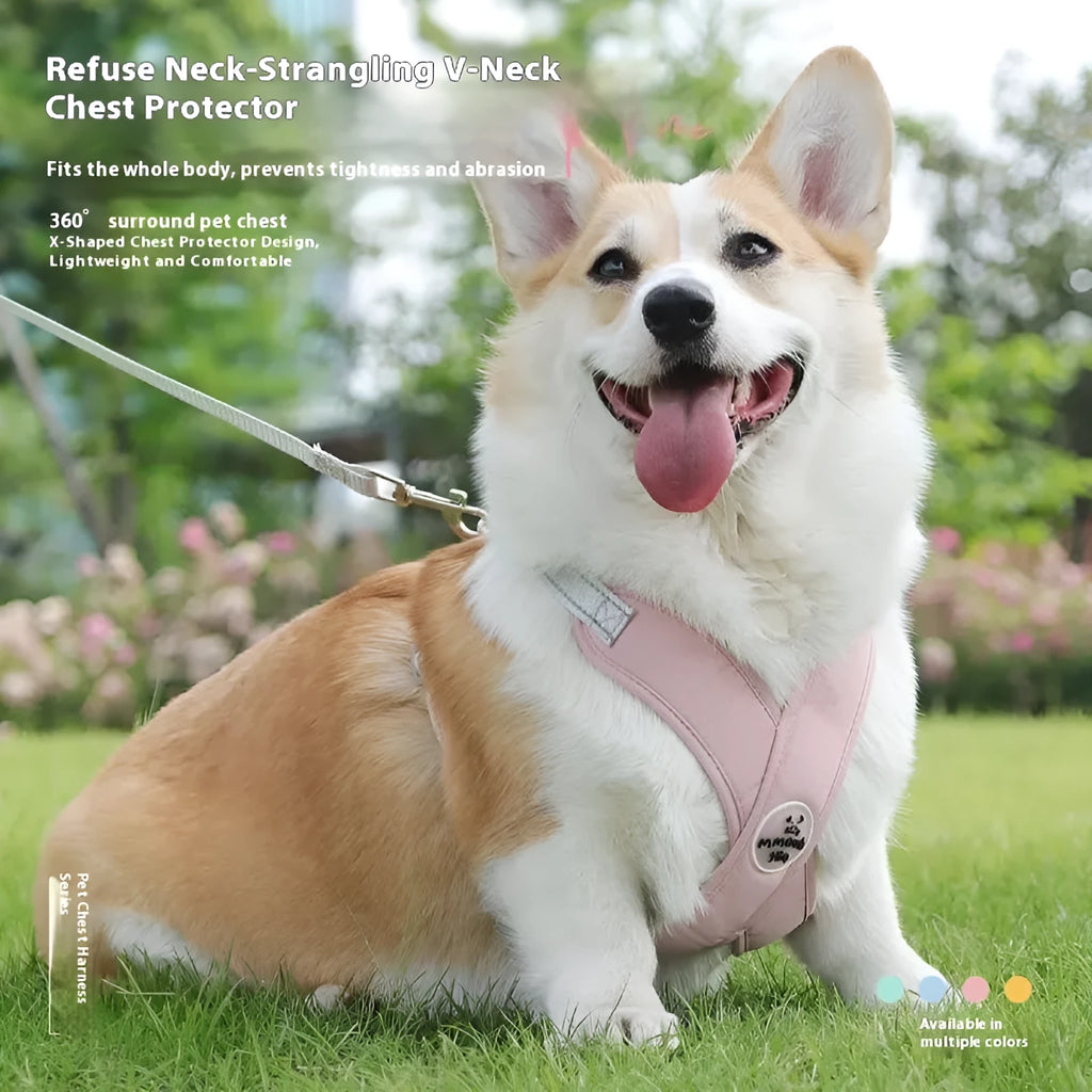 A pink dog vest harness connected to a matching hand-holding lead on a white background.
