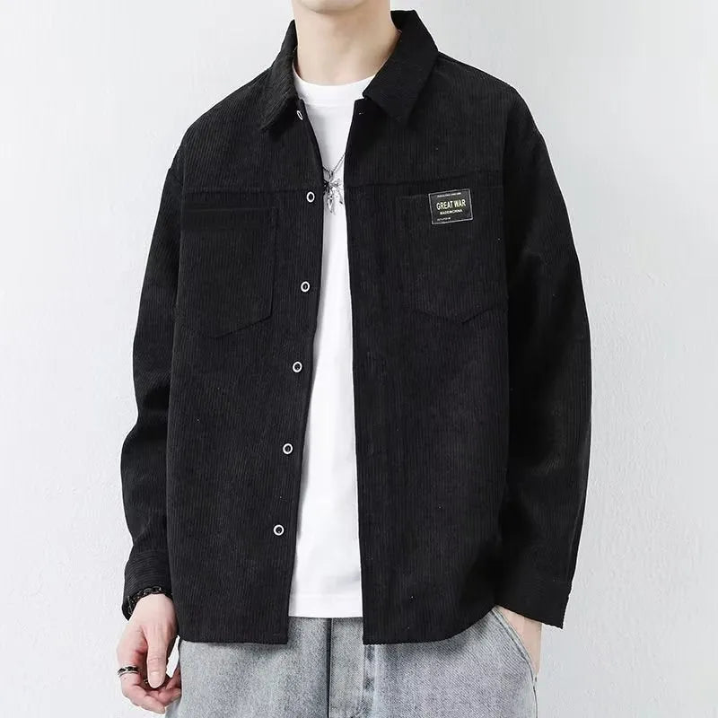 Men's corduroy jacket in khaki, shown as a long-sleeved cardigan shirt