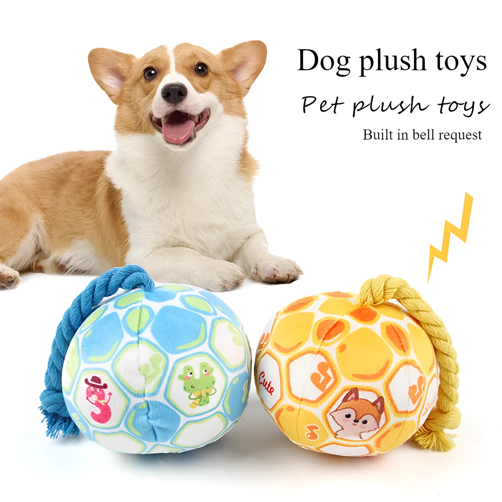 Blue and yellow elastic football dog tug toy with cotton rope construction for interactive play