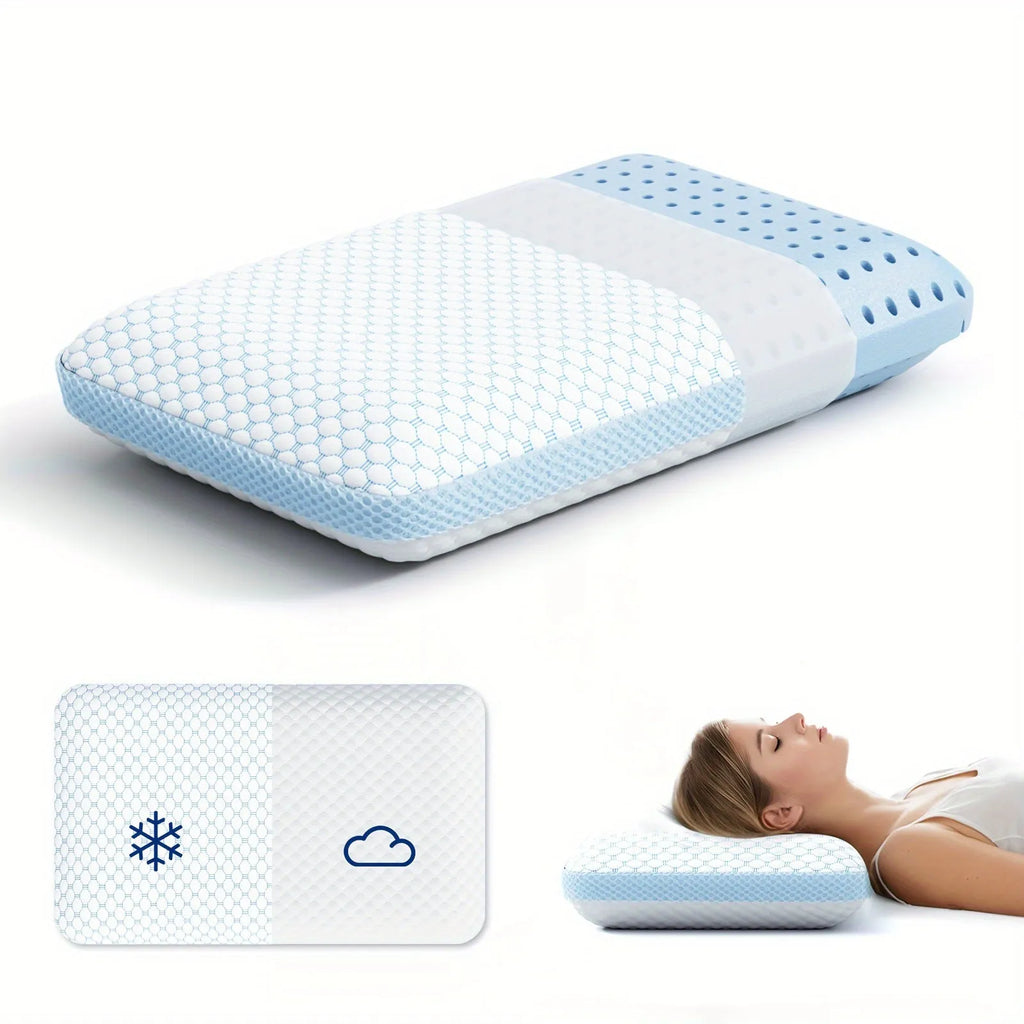Household cervical memory foam pillow in white and blue, 63x36x13.5cm, with contoured neck support shape