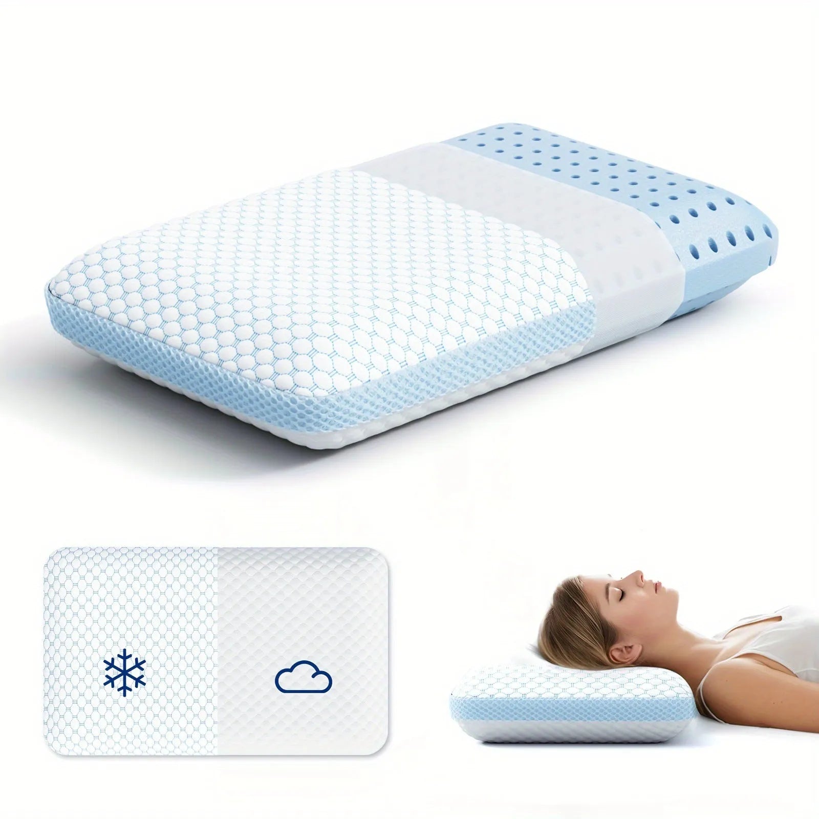 Household cervical memory foam pillow in white and blue, 63x36x13.5cm, with contoured neck support shape