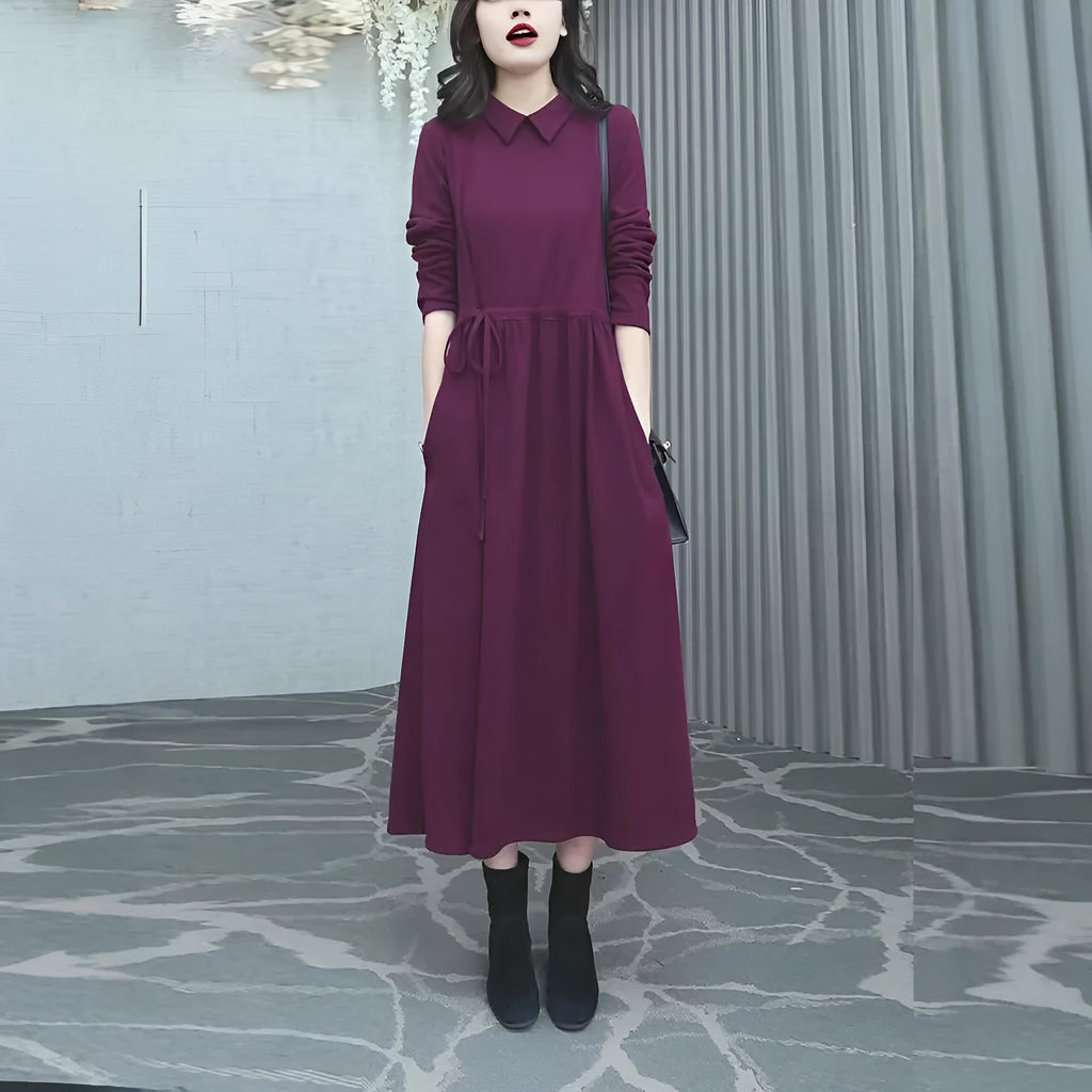 Purplish red plus size long sleeve dress for women with extra long sleeves and urban office style