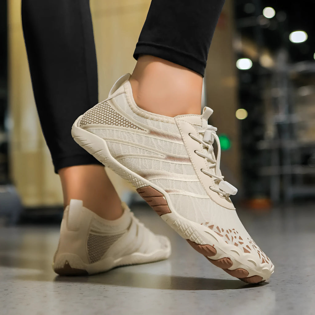 Casual running shoes with Lycra stretch fabric upper for beach and upstream sports, shown in neutral colours.