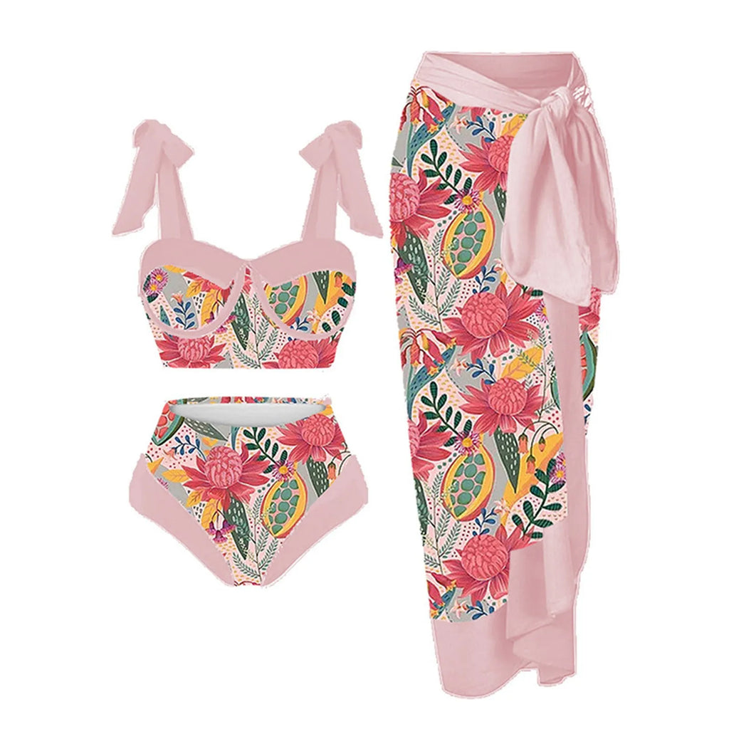 Women's printed three-piece swimming costume with bra, skirt and briefs in polyester fabric