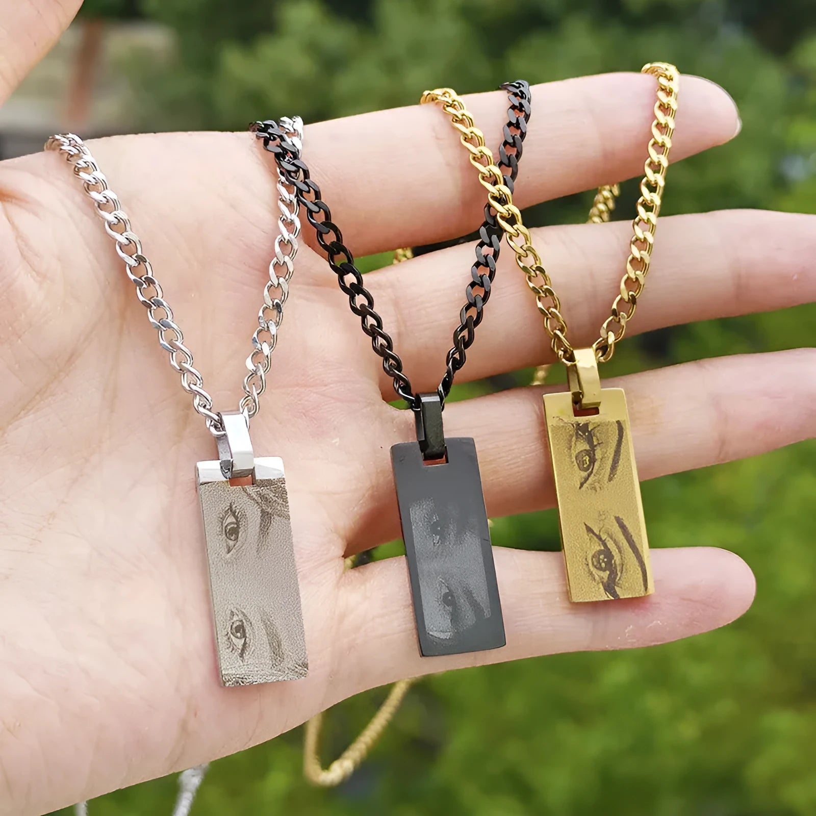 Custom stainless steel necklace with engraved eye photo on titanium steel geometric pendant, colour HZ001