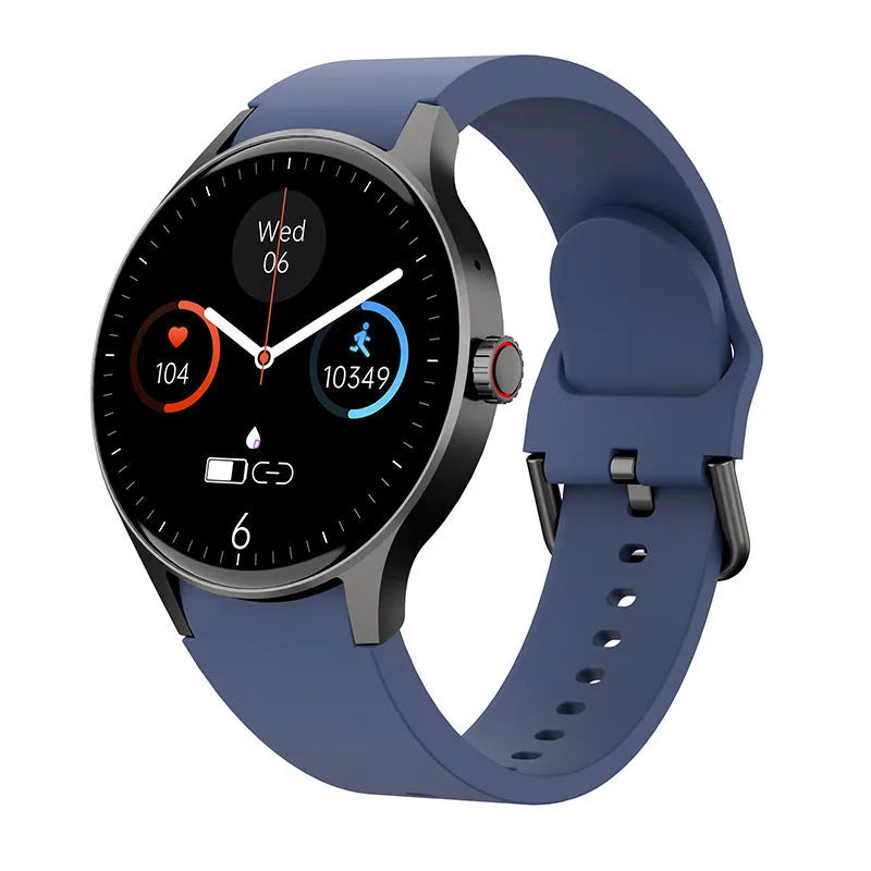 Smart watch with circular AMOLED screen showing health stats, on a black silicone wristband.