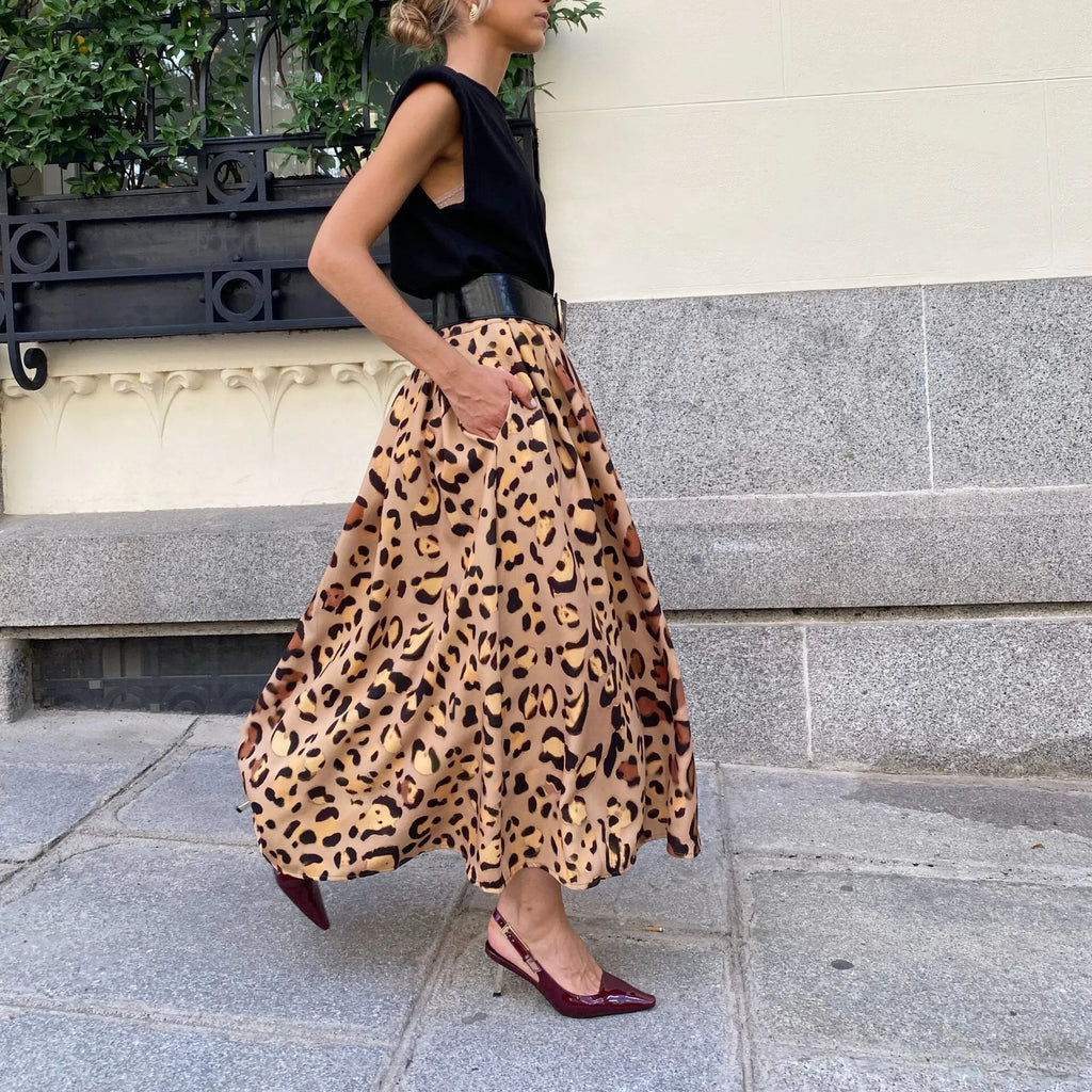 Brown leopard print women's A-line long skirt with elastic waist and big hem detailing