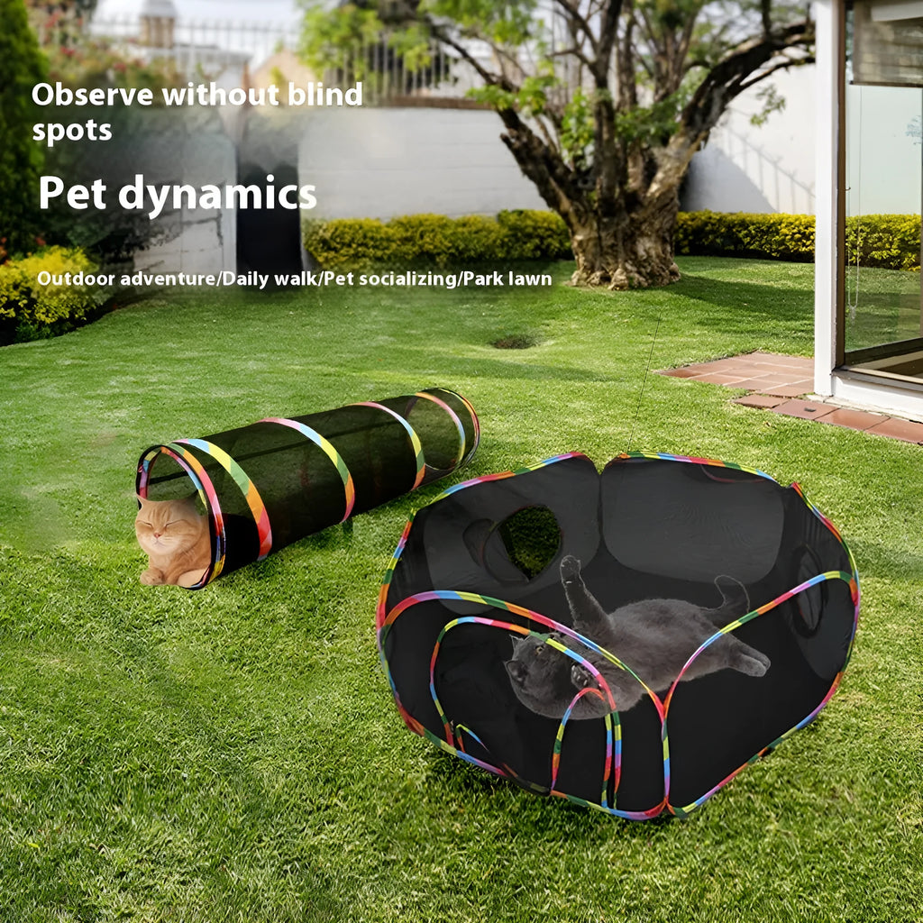 A foldable mesh cat play cage in a hexagonal style, showing open construction for pet visibility and interaction.