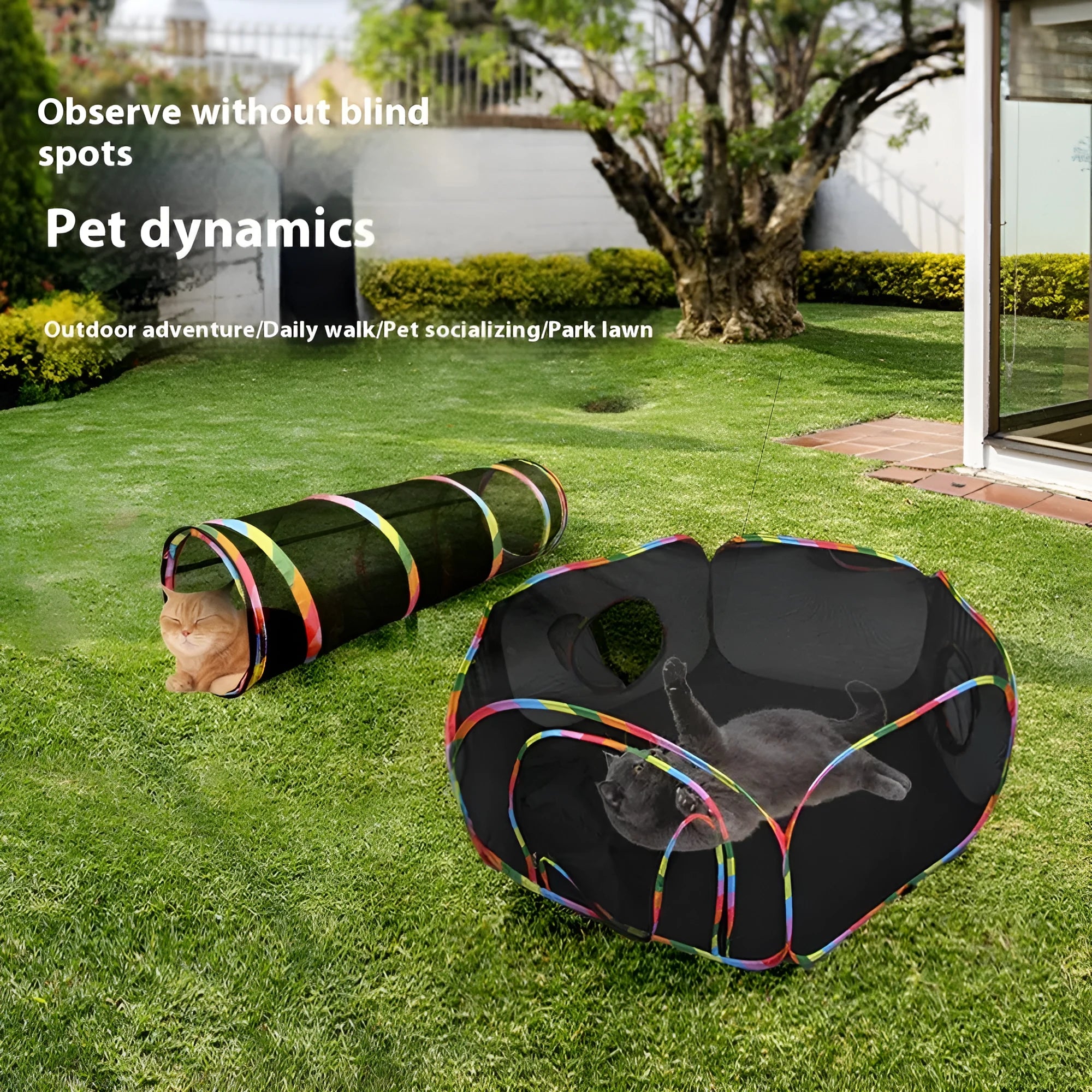A foldable mesh cat play cage in a hexagonal style, showing open construction for pet visibility and interaction.