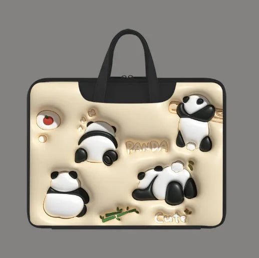 Inflatable PU leather laptop bag with hanging handle in panda pattern design for 15-inch laptops