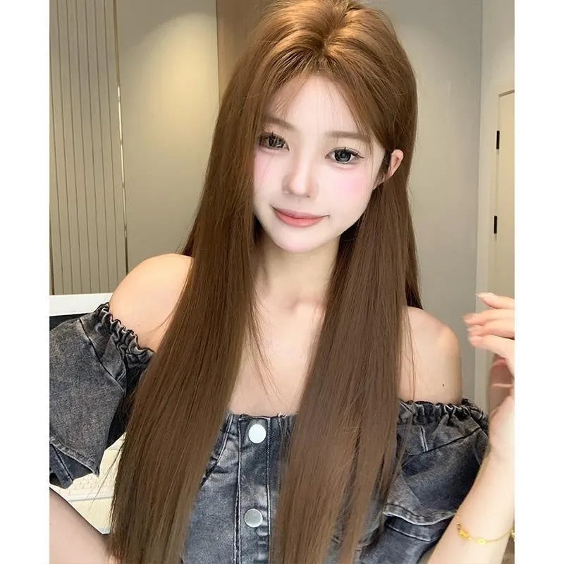 Warm brown lace front wig with centre-parted bangs and long straight hairstyle