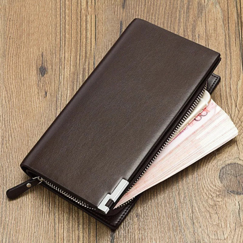 Men's long black PU leather wallet with full-length zipper closure showing seven card slots