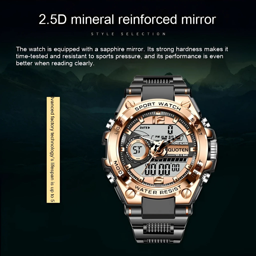 Waterproof electronic quartz watch with 45mm round dial, multi-function display, and plastic strap in black silver finish