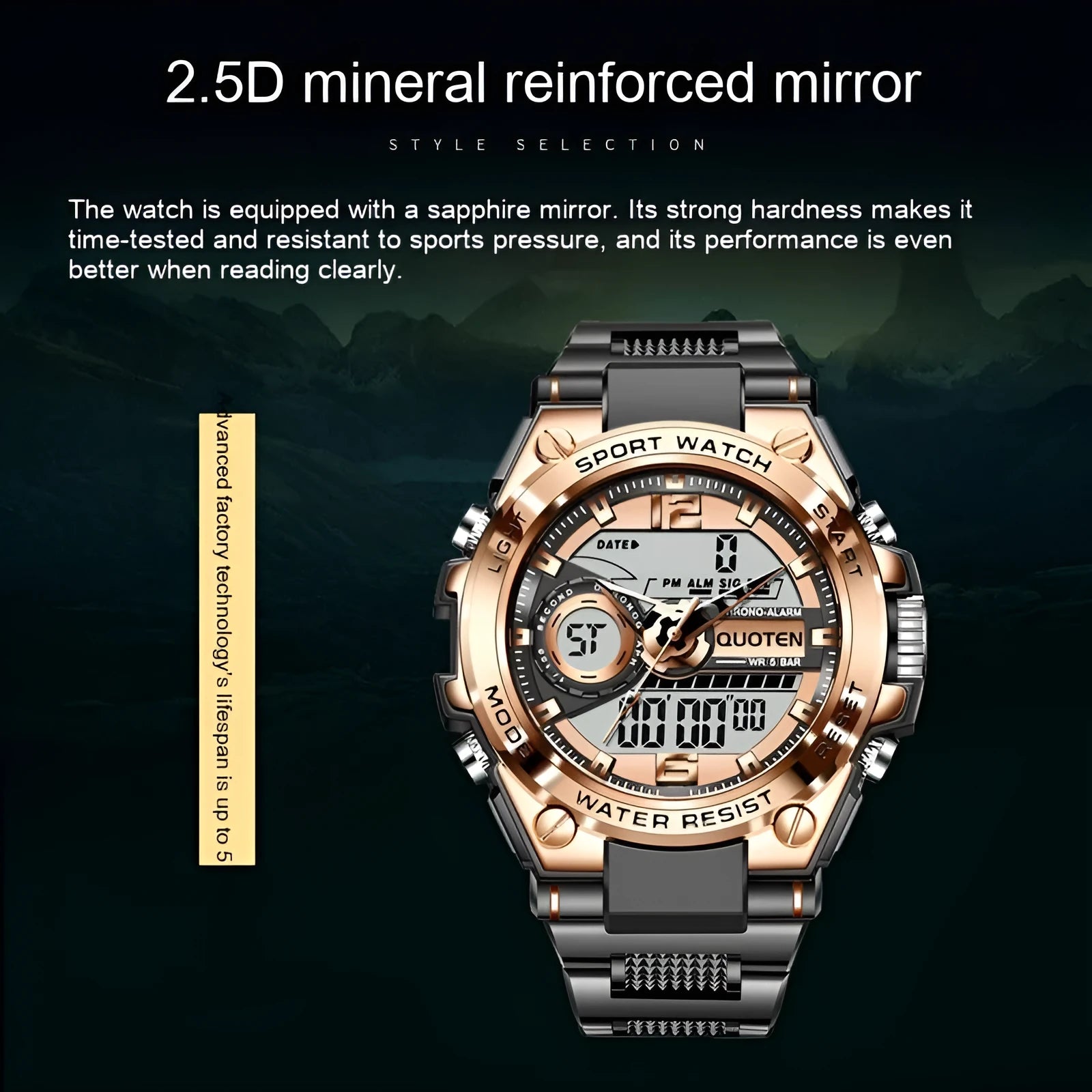 Waterproof electronic quartz watch with 45mm round dial, multi-function display, and plastic strap in black silver finish