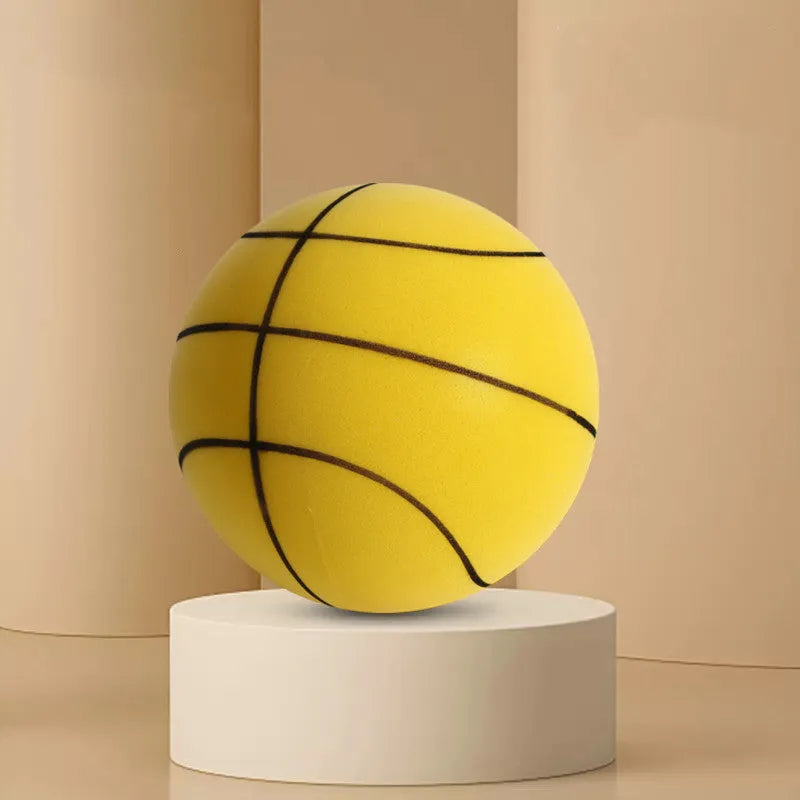 Silent high-density foam basketball in assorted bright colours showing bounce height and size comparison
