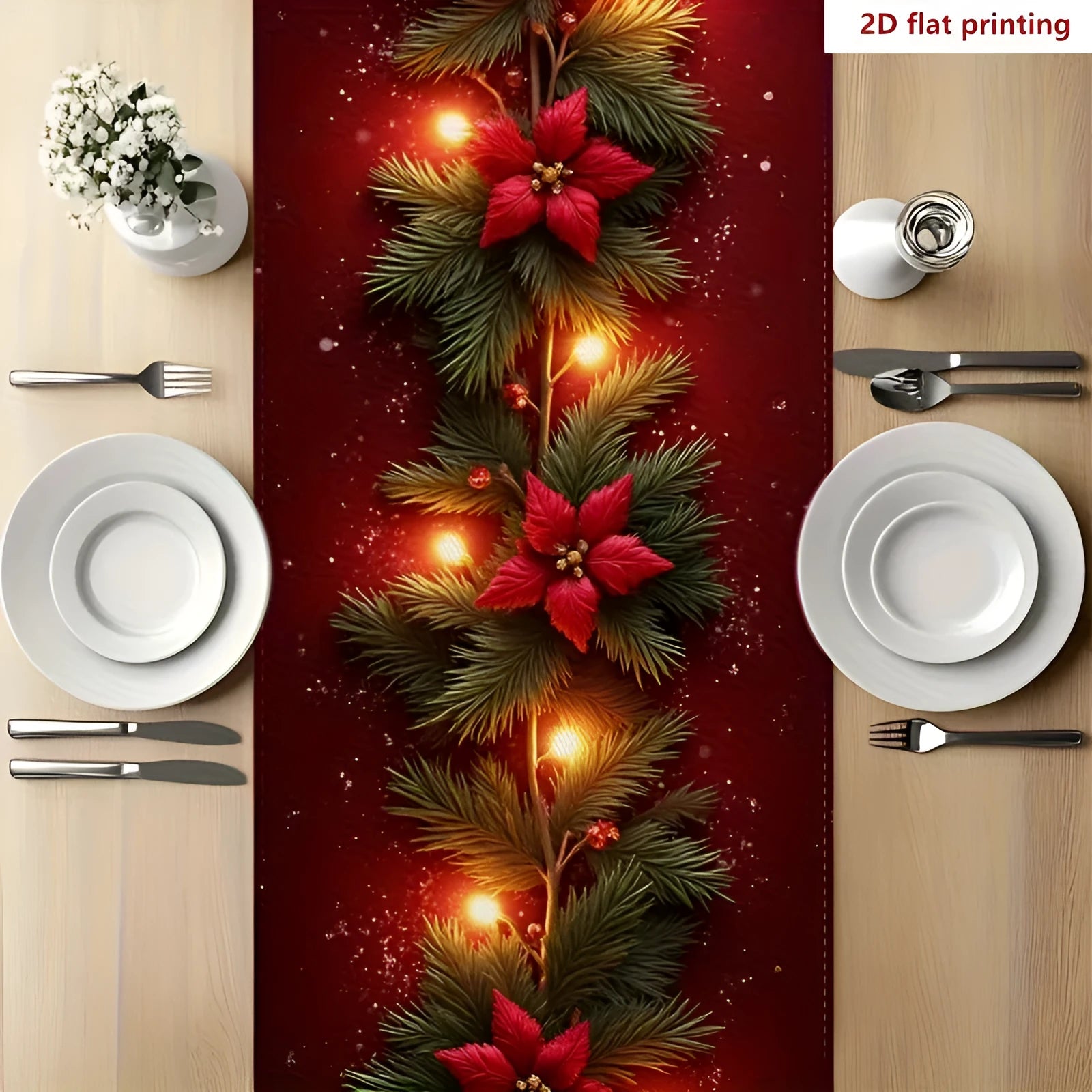 Christmas theme printed table runner with white, red, and green stripes on a wooden dining table, 33x183cm