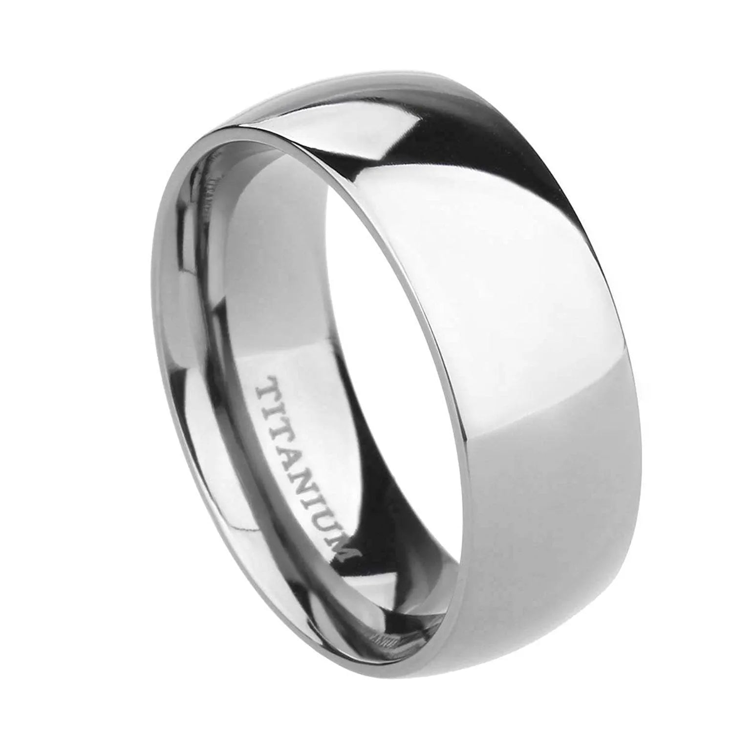 Polished silver titanium steel unisex ring shown in 2mm, 4mm, and 6mm width options.