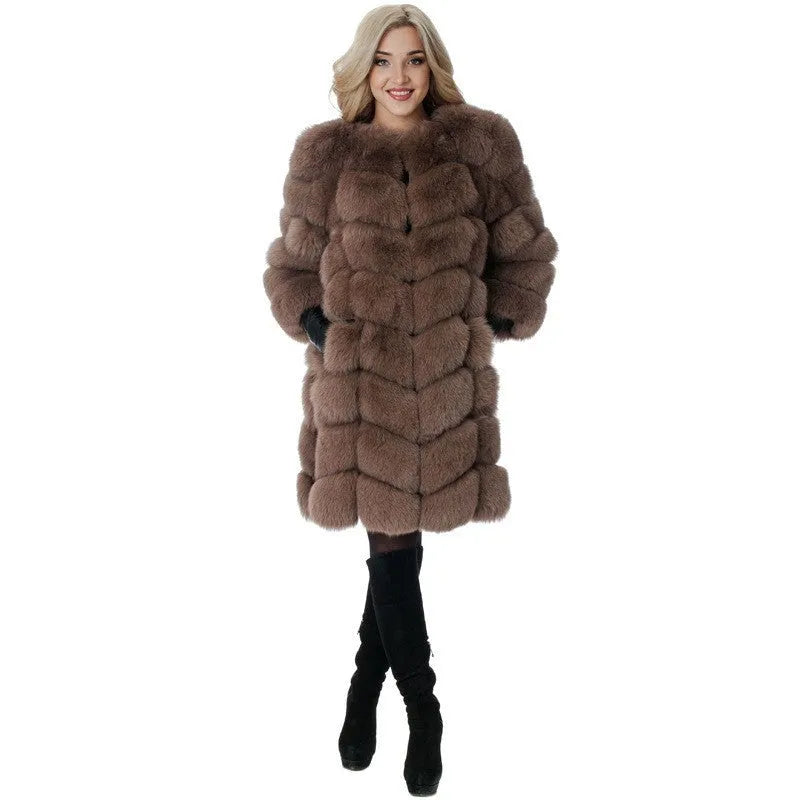 Women's thick black artificial fur coat with regular sleeves and 80cm length
