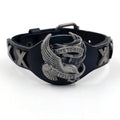 Black leather geometric bracelet with alloy eagle watch clasp showing tapered width and 26cm length
