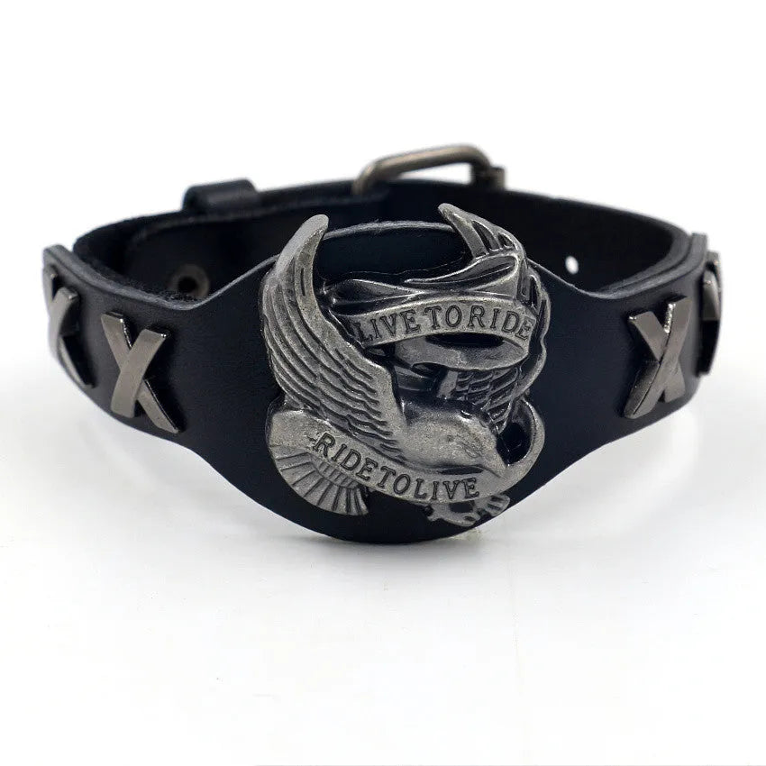 Black leather geometric bracelet with alloy eagle watch clasp showing tapered width and 26cm length