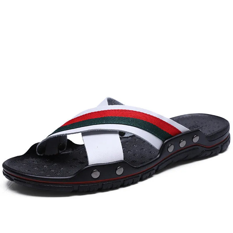 Men's white cowhide and PU flip-flop sandals on a plain background showing size options.