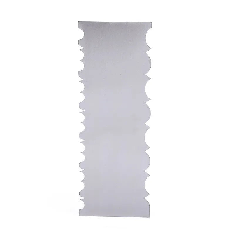 Stainless steel cake scraper with a polygon patterned blade for icing and filling work.