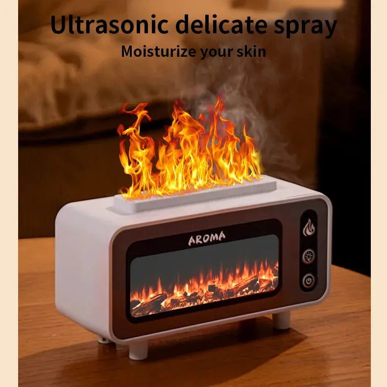 200ml black ultrasonic flame humidifier with simulated 3D fireplace fire effect and 7 colour LED light