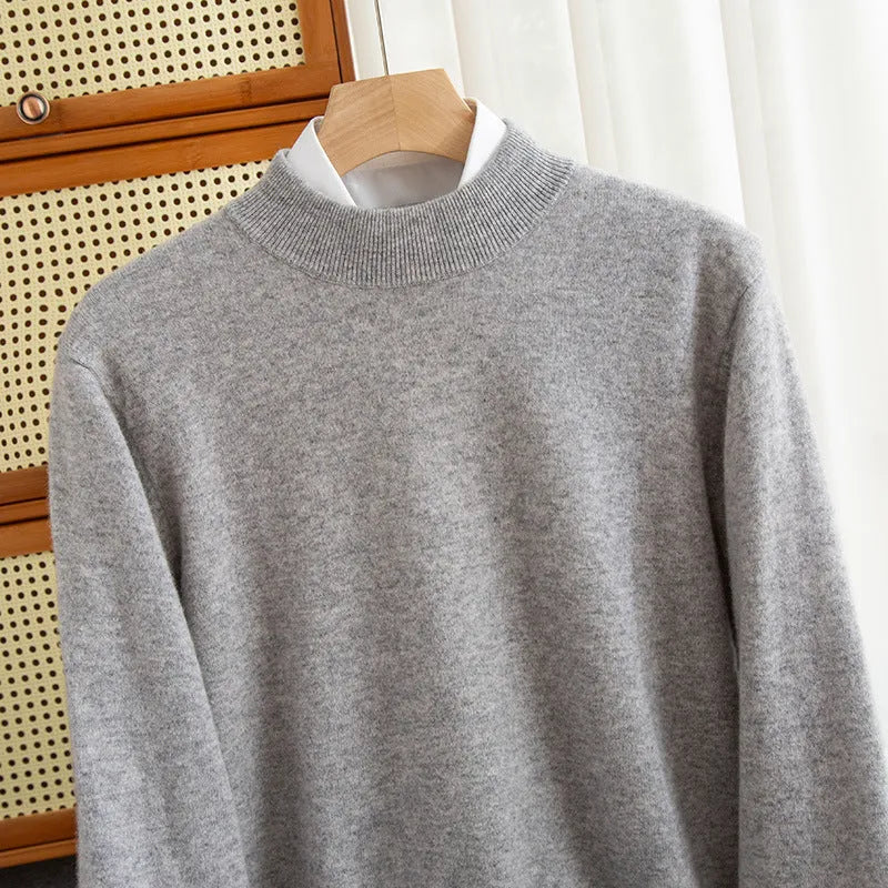 Men's half-collar wool sweater in a loose fit, shown in a choice of colours including black, brown, camel, and grey.