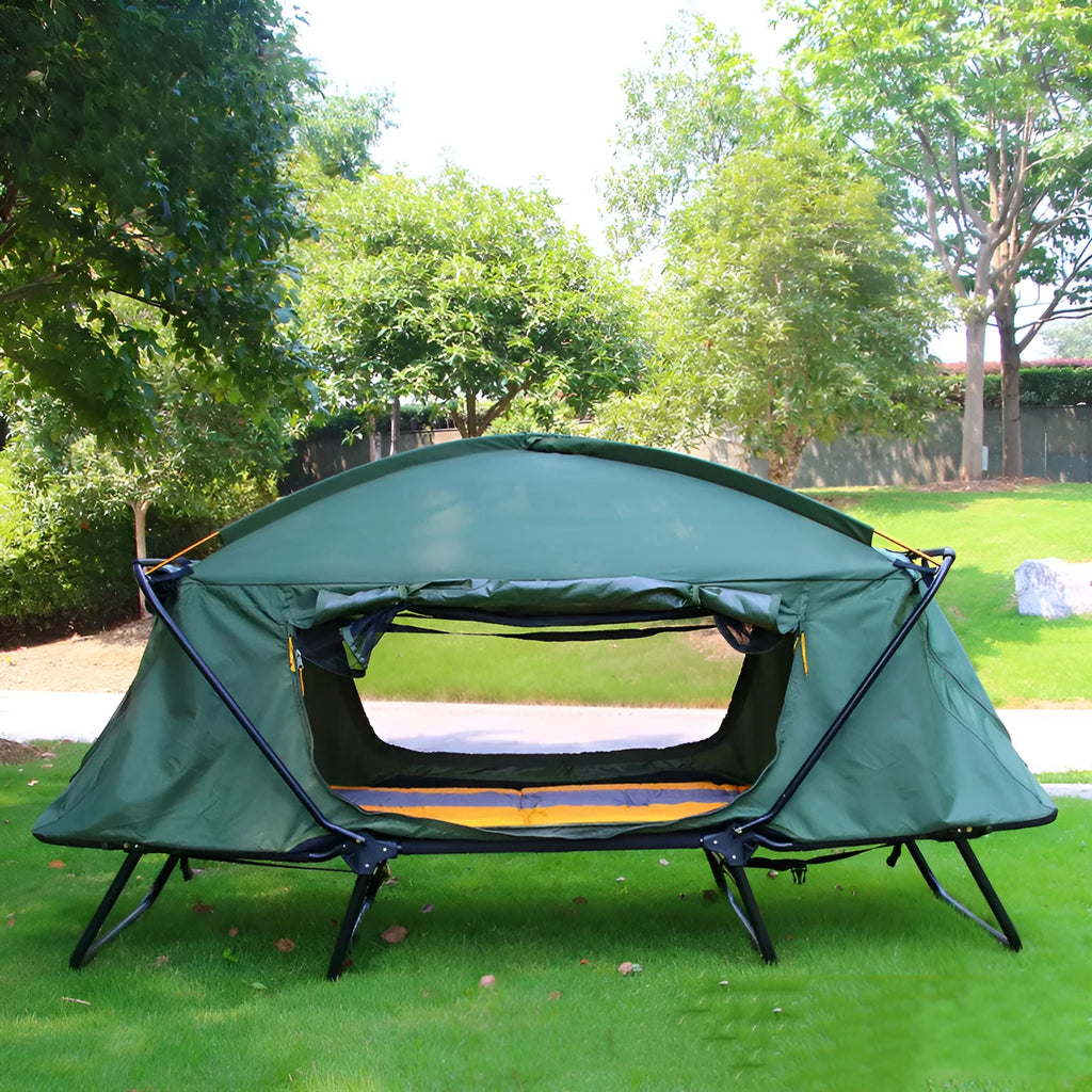 Outdoor thickened Oxford cloth insulated off ground tent for two camping and fishing, double decker, steel rods, 210x120x120cm, military green